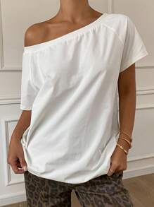 Livesso Blusa de hombros descubiertos con diseño sin tirantes, camiseta de manga corta para mujer