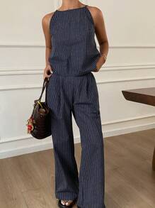 Livesso Conjunto de 2 piezas casual de mujer con top de tirantes finos a rayas y pantalones para verano