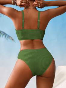 Swim Vcay Women's V-Neck Textured Striped Tankini Swimsuit Set For Summer Beach Vacation - Army Green - View 2