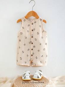 Cozy Pixies Baby Boy Cartoon Coconut Tree Pattern Round Neck Sleeveless Romper Shorts, Casual And Versatile - Apricot - View 8