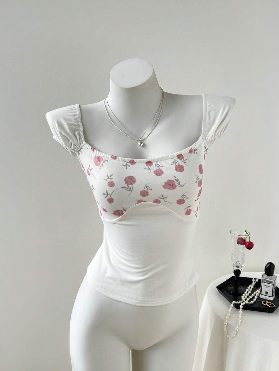 SHEIN Unity 女式法式碎花拼布方领紧身短袖 T 恤 - 白色 - 查看 1