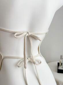 Comfortcana Women's Holiday Solid Halter Backless Tied Knitted Blouse - Apricot - View 4