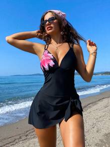 Swim Vcay 女士黑色花卉印花拼布比基尼套装，优雅、贴身、性感复古休闲高腰两件套泳衣 - 黑色 - 查看 2