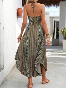 SHEIN Holidaya Women Vacation Floral Print Halter Maxi Dress With Circle Link And Side Slits Vacation Beach Outfit - Green - View 2