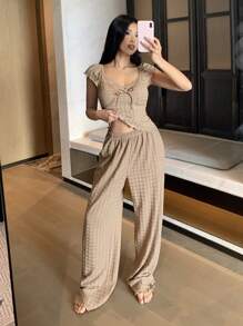 DAZY Women's Lightweight Textured Lace Patchwork Pajama Set - Khaki - View 6