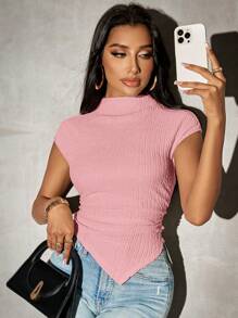 SHEIN SXY Women Solid Color Asymmetric Hem Knitted T-Shirt, Spring - Pink - View 6