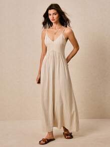 Poéselle Women's Summer Striped Lace-Up Back Long Strap Dress,Linen Dress - Apricot - View 3