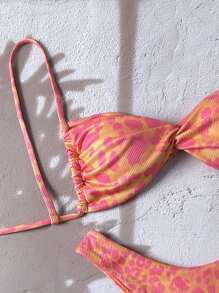 Swim Mod 2件套女士夏季随机印花系带扭花高腿性感细肩带比基尼套装 - 彩色 - 查看 3