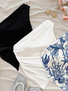 Soleia Set de 3 blusas de verano para mujer talla grande: Parte superior asimétrica con estampado oceánico azul, camisetas de tirantes blancos y negros