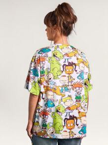 Nick 90s X SHEIN Women's Summer Spring Cartoon Pattern White Oversized T-Shirt, Unisex Gyaru Daily Casual Outing Wear