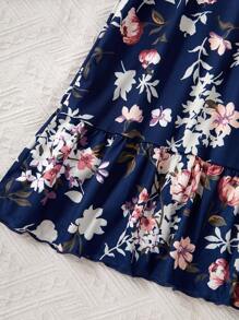 Rochie de damă, albastru bleumarin, ocazională, cu modele florale, cu tiv cu volan, îmbrăcăminte pentru acasă