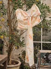 Easelle 女式春夏露肩领口系带花卉图案纹理面料修身上衣 - 彩色 - 查看 3