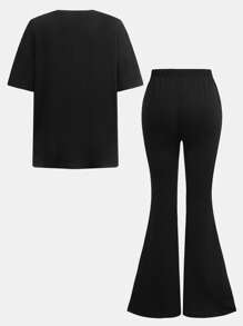 SHEIN EZwear مجموعة بلوزة تي شيرت قصيرة الأكمام مطبوعة مع فيونكة وبنطلون رحب للنساء في الصيف ، مجموعة كاجوال
