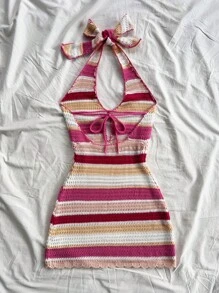 Soleia Vestido de punto ajustado con cuello en V profundo y espalda descubierta, a rayas rosa, para vacaciones, talla grande para mujer, sexy