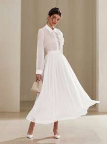 Aveloria Rosie 2pcs French Elegant Floral 3D Embellished See-Through Chiffon Button-Up Blouse And Pleated Skirt Set For Women