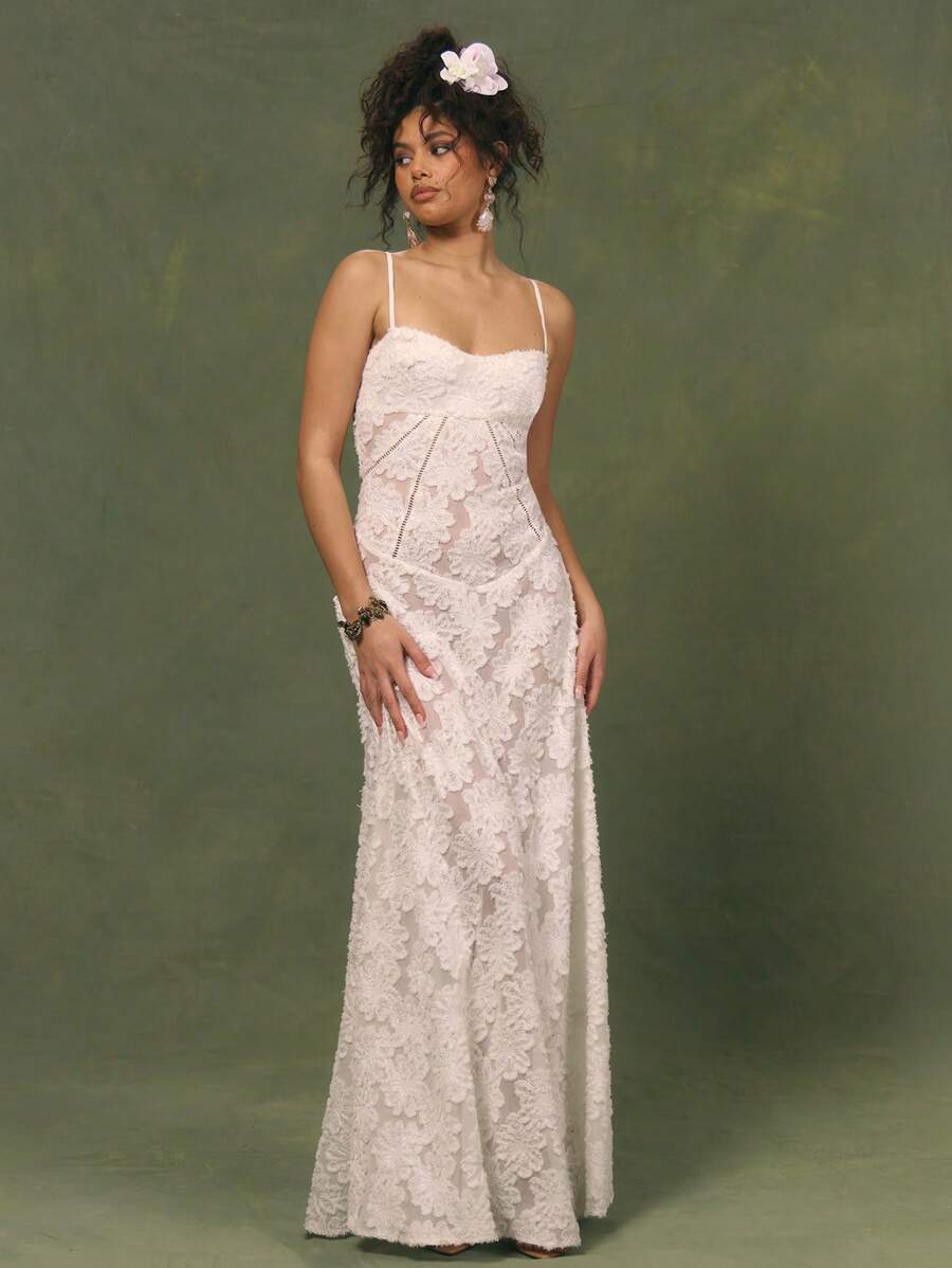 MUSERA 细吊带花卉蕾丝修身连衣裙，飘逸波西米亚风，优雅长款连衣裙，适合伊比沙岛春夏度假、海滩婚礼、单身派对、告别单身派对等场合。 - 奶油色 - 查看 1