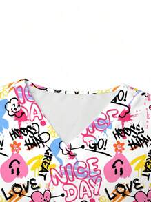 PopScrub Camisa de uniforme para enfermera/médico/examen médico/peluquero de mascotas/nutricionista/laboratorio de talla grande para mujer con cuello en V, manga corta, doble bolsillo, lazo para la oreja, estampado colorido y minimalista de dibujos animados y gráficos, camisa de uniforme de trabajo funcional con múltiples bolsillos