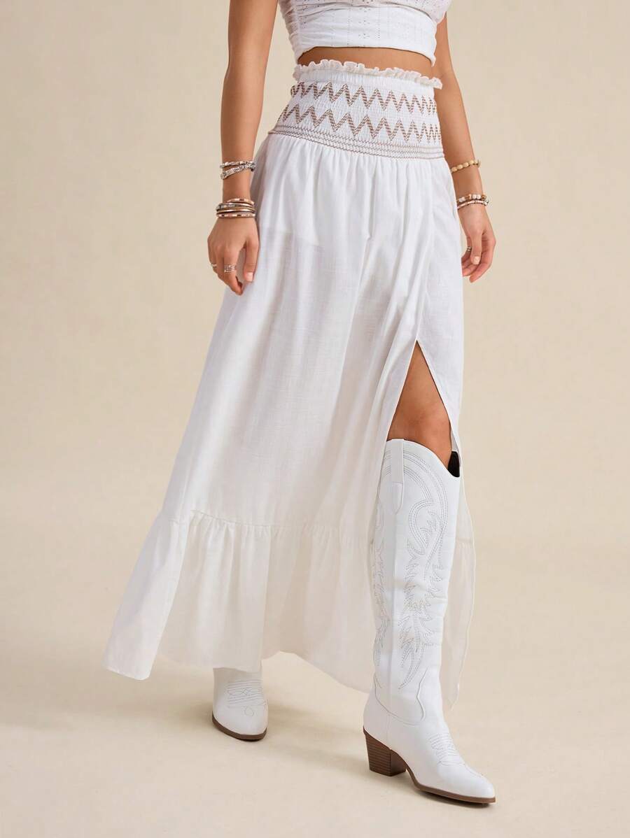 Wildy Long White High-Slit Romantic Vacation Skirt For Women, Music Festival Style, Summer Concert Women Vacation Woman Western Wear Women Western Wear Women Skirt - White - View 1