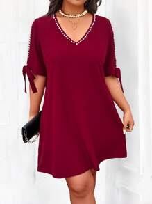 SHEIN LUNE Abito a pieghe con spalline annodate e decorazione di perle, adatto a donne taglia curvy, elegante e snellente per uso quotidiano