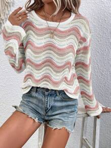 SHEIN LUNE Casual Contrast Wave Pattern Drop Shoulder Sweater, Autumn/Spring Knit Pullover Fall Winter - Multicolor - View 3