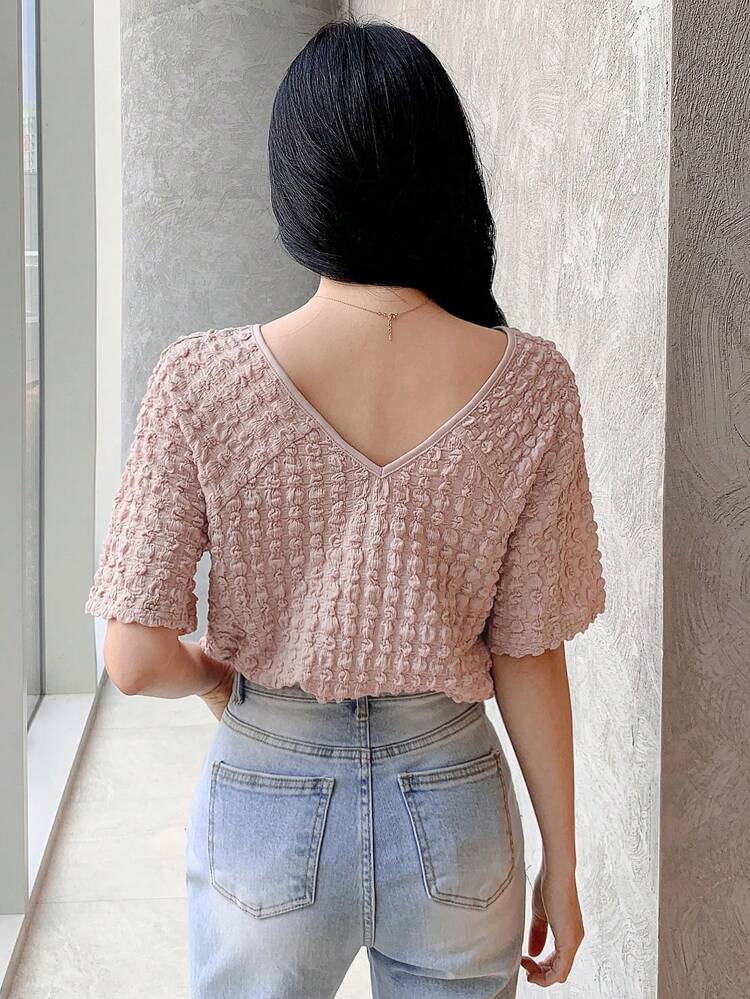 Women's Summer Bell Sleeve Pleated Texture Round Neck Short Sleeve T-Shirt