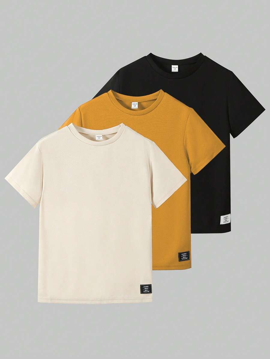 SHEIN 3pcs Tween Boy Crew Neck Short Sleeve T-Shirt With Label Decoration, Spring/Summer, School, Campus, College - Yellow - View 1