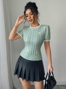 Elenzga Bow Embroidery Women's Knit Top, Simple & Fashionable, Suitable For Summer - Cadet Blue - View 3