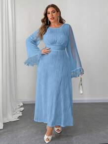 Franclia Vestido de punto texturizado con cuello redondo, mangas de campana y cintura ceñida en corte evasé largo para mujer de talla grande