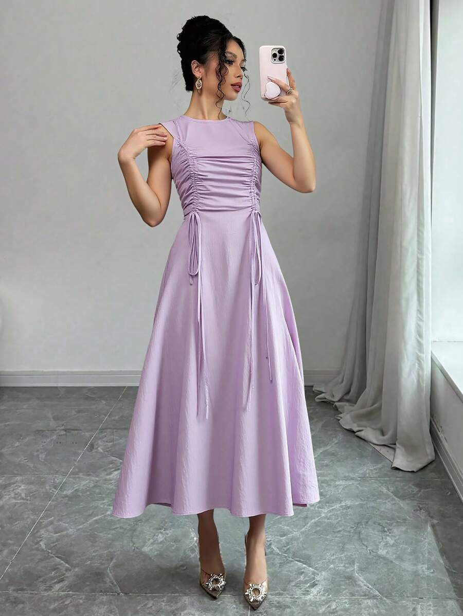 Modelyn Robe femme sans manches de couleur unie avec cordon de serrage froissé - Prune - Voir 1