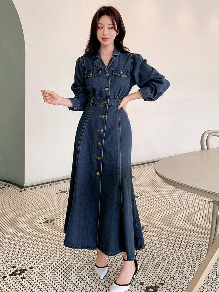 Women's Solid Color Denim Dress, Simple & Fashionable, Suitable For Summer Dress