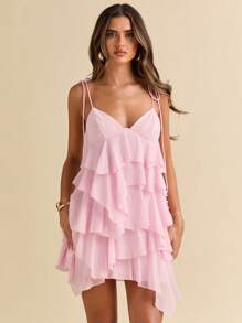 SHEIN BAE 夏季海边度假纯色浅粉色节日连衣裙荷叶边雪纺蛋糕裙吊带裙音乐节服装乡村音乐节服装演唱会服装返校服装婚礼伴娘服装 - 淺粉色 - 查看 7