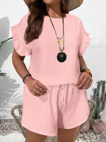 EMERY ROSE 大码度假休闲纯色荷叶边袖衬衫和短裤两件套