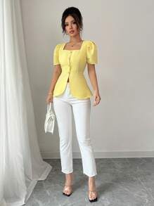 Elenzga Camicia elegante da donna con maniche a palloncino, colletto quadrato e vita a-line