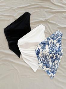 Soleia Set de 3 blusas de verano para mujer talla grande: Parte superior asimétrica con estampado oceánico azul, camisetas de tirantes blancos y negros