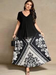 SHEIN LUNE Plus Size Women's High Waist Floral Pleated Midi A-Line Skirt, Summer Fall Cloth For Women - Multicolor - View 5
