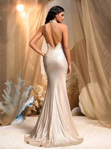 Glamrae Elegant Champagne Shimmery Coated Halter Plunge Neckline Exposed Back Asymmetric Waistline Mermaid Tail Hem Formal Evening Gown, Party Dress, Wedding Guest Dress, Evening Dress - Champagne - View 1