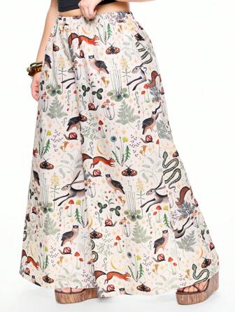 Fairycore Pantalones anchos y rectos de cintura elástica con estampado de animales y plantas, en talla grande, estilo hippie, para vacaciones de verano en la playa