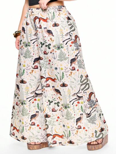 Fairycore Pantalones anchos y rectos de cintura elástica con estampado de animales y plantas, en talla grande, estilo hippie, para vacaciones de verano en la playa