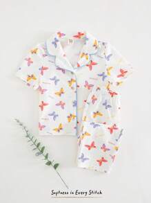 Cozy Pixies 2pcs Baby Girl Colorful Butterfly Pattern Lapel Collar Short Sleeve Top And Elastic Waist Pants Outfit - Multicolor - View 3
