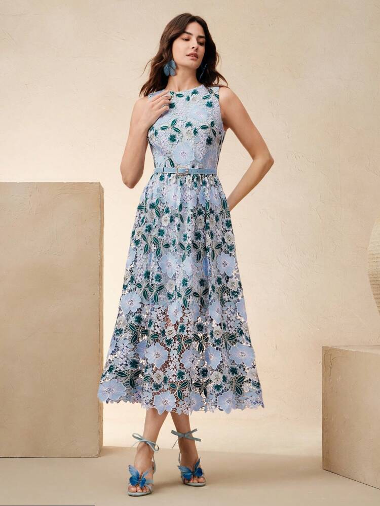 Vestido elegante de cintura entallada con estampado de encaje bordado y hueco, adecuado para primavera, verano, festivales y graduación