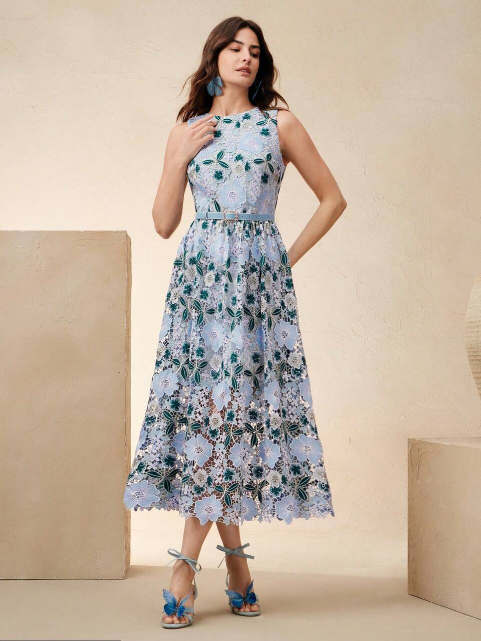 Lace Embroidery Print Hollow Waist Cinched Vacation Elegant Dress, Suitable For Spring Summer Festival Graduation