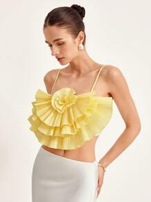 Femmeiva Romantic Layered Ruffled Spaghetti Strap Camisole Top, Elegant & Versatile For Holiday Dates   For Summer - White - View 5