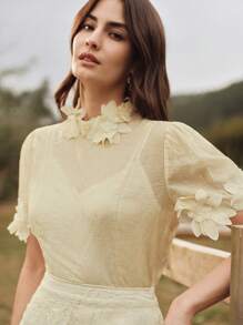Anewsta Women's Elegant Romantic Sheer Handmade Embroidered Floral Blouse, Spring, Summer - Apricot - View 3