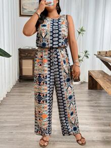 SHEIN Clasi 大码女式花卉印花圆领无袖连体裤，配松紧腰带 - 彩色 - 查看 1