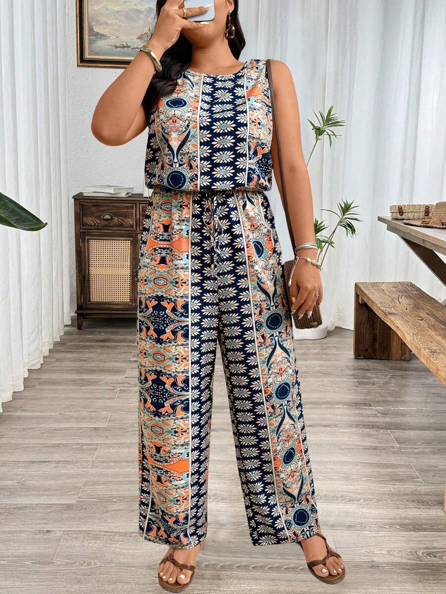 SHEIN Clasi 大码女式花卉印花圆领无袖连体裤，配松紧腰带 - 彩色 - 查看 1