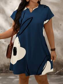 SHEIN LUNE Plus Size Floral Notch V-Neck Batwing Sleeve Summer Dress Boho Mini Drees Mother Day - Navy Blue - View 3