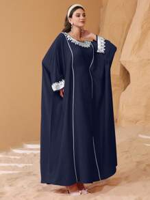 Al Najma 女士土耳其和阿拉伯传统长款束腰外衣，露肩袖饰边，春夏季，朴素的卡夫坦 - 寶藍色 - 查看 7