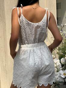 SHEIN Frenchy Women's Vacation Tie Dye Embroidery Casual Jumpsuit, V-Neck Shoulder Tie, White Jumpsuit, Summer Women's Clothing, Suitable For Daily And Holiday Wear - White - View 2