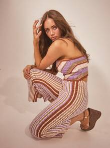 Aralina Summer Vacation Boho Striped Crochet Knit Boho Beach Vacation Halter And Pants Two Pieces Set Pants And Cami Halter - Multicolor - View 4