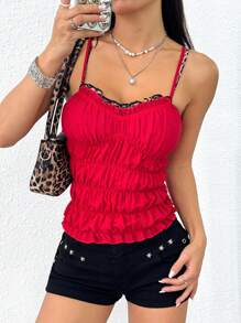 INAWLY Damen sexy einfarbiges plissiertes Trägertop, Sommer - Rot - Übersicht 5